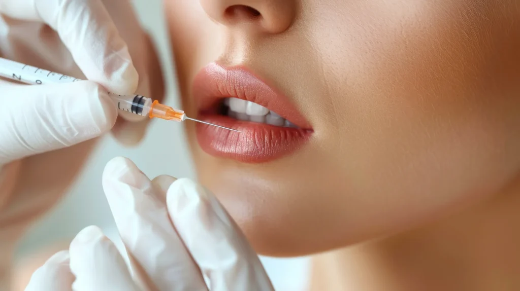 Nahaufnahme einer Lippenunterspritzung mit Hyaluronsäure bei Dr. Nichlos in Frankfurt